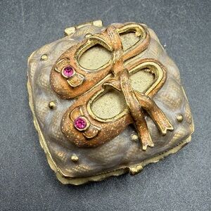 Monet Vintage Metal Rhinestone Enamel Ballet Slipper Hinged Trinket Box Pill Box